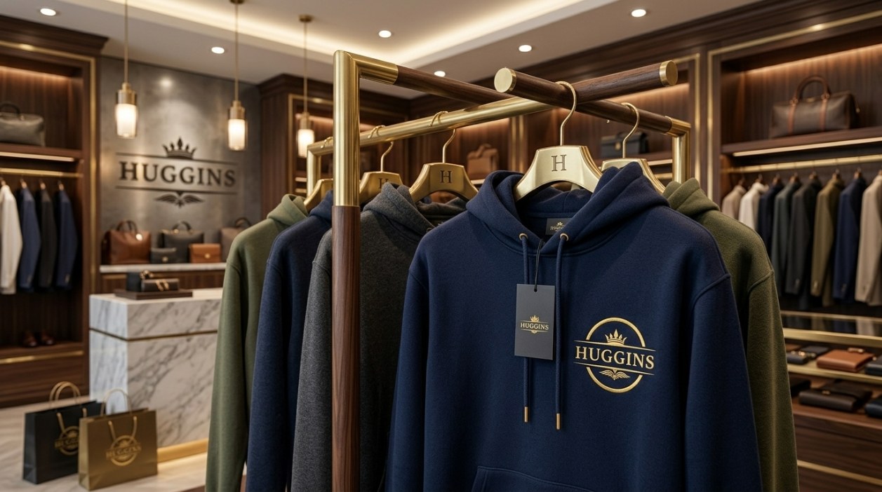 Huggins boutique interior with branded navy hoodies on brass rails